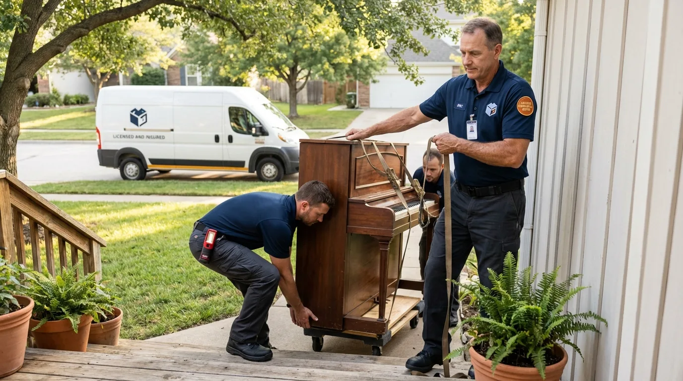 Licensed piano movers securing grand piano in North Myrtle Beach, SC