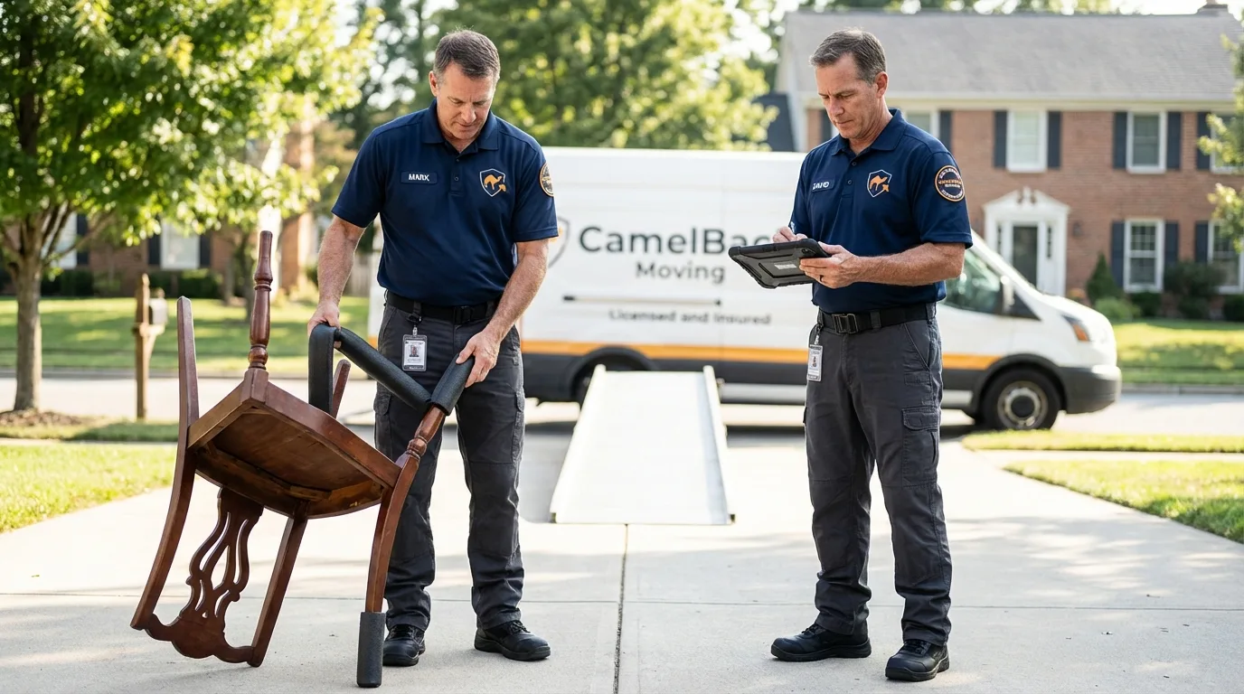 Movers inspecting furniture for damage prevention before loading in North Myrtle Beach, SC