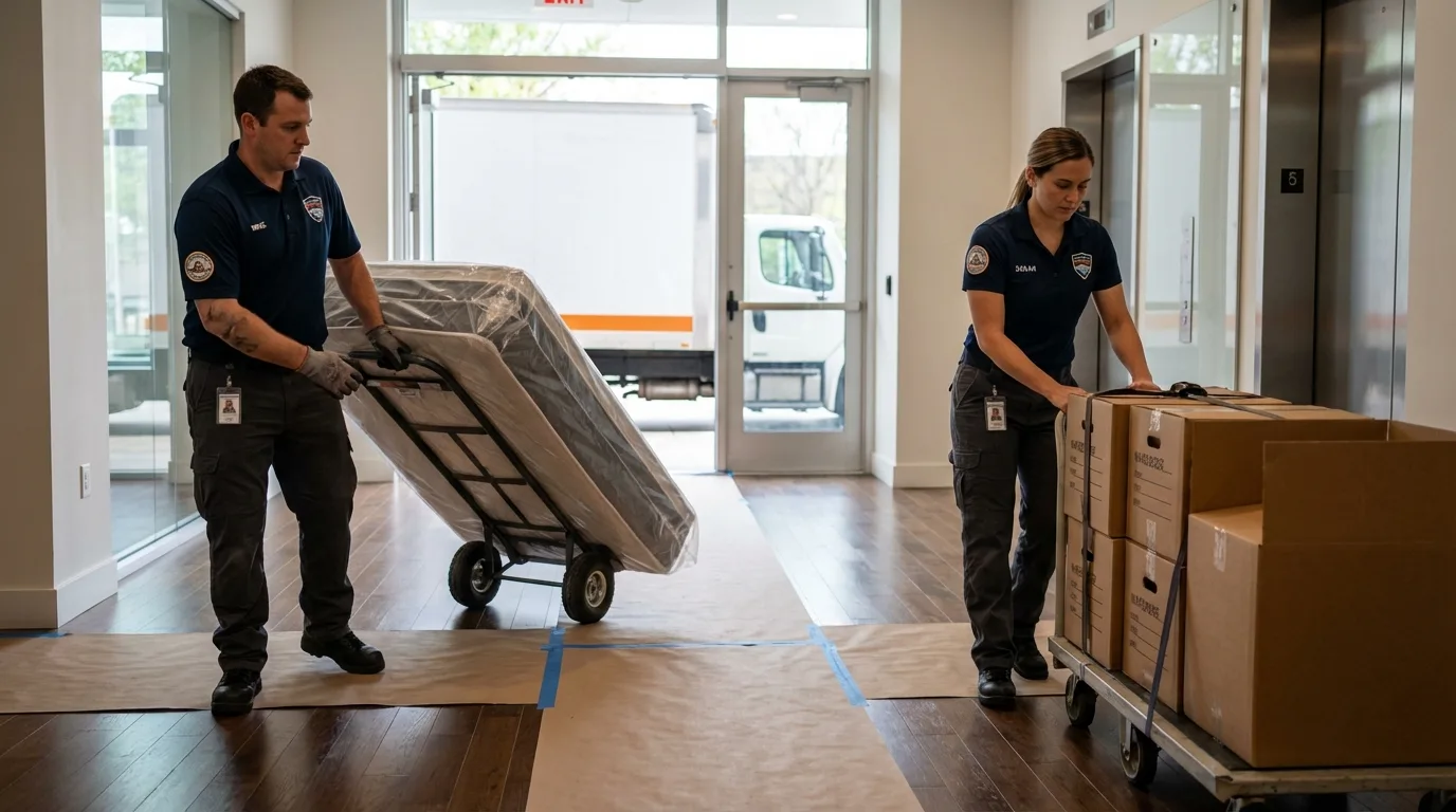 Professional apartment movers loading elevator in North Myrtle Beach, SC